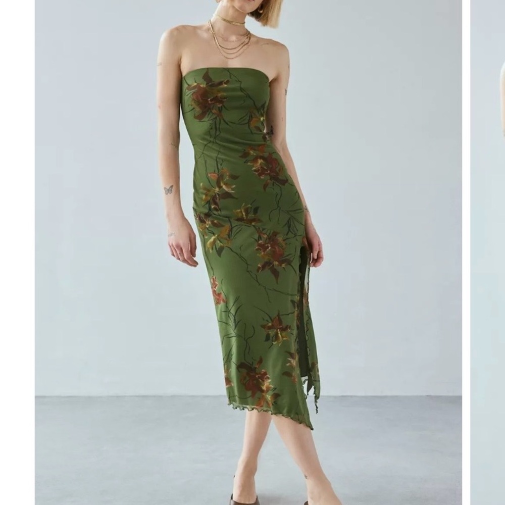Urban Outfitters Green Floral Strapless Dress